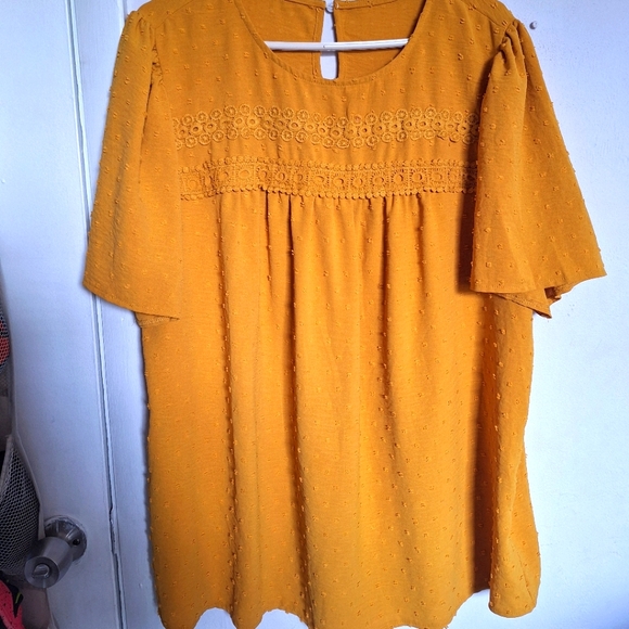 SHEIN 2XL YELLOW MUSTARD SWISS DOT EMBROIDERED SUMMER BLOUSE - Picture 1 of 8